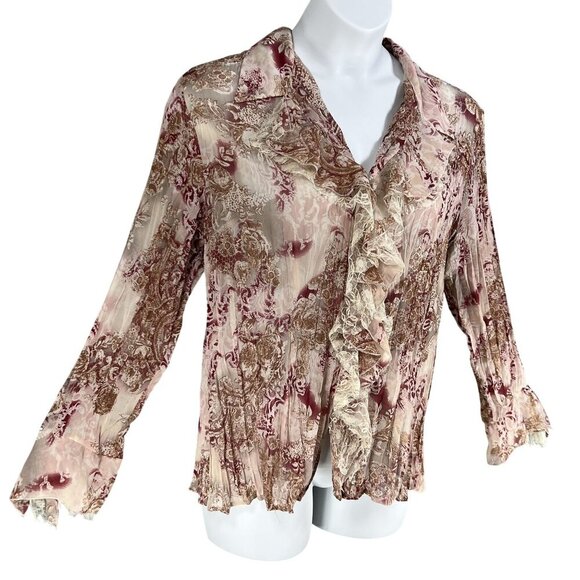 Vintage Notations Womens XL Sheer Chiffon Ruffled Crinkle Boho Button Up Blouse - Picture 2 of 15